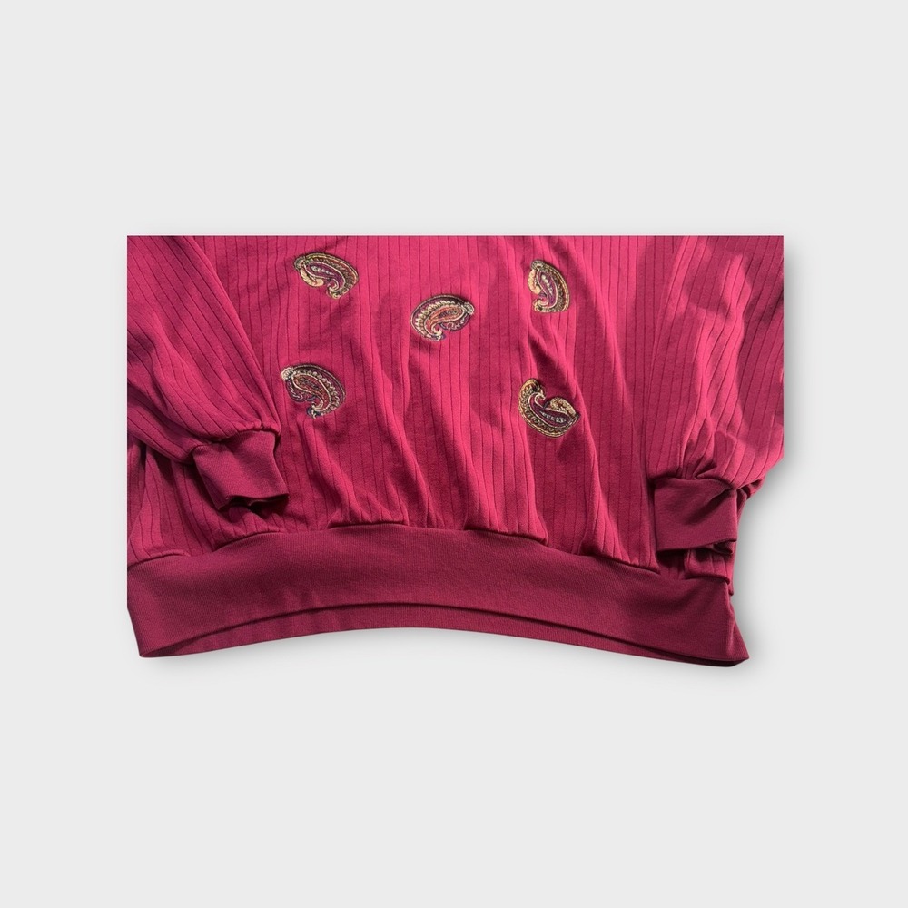 Ribbed Paisley Mock Neck Sweater Top Burgundy Vintage Pullover Sz XL - Picture 6 of 13